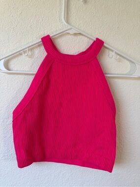 aerie Hot Pink Ribbed High-Neck Crop Tank Women's Small (S)